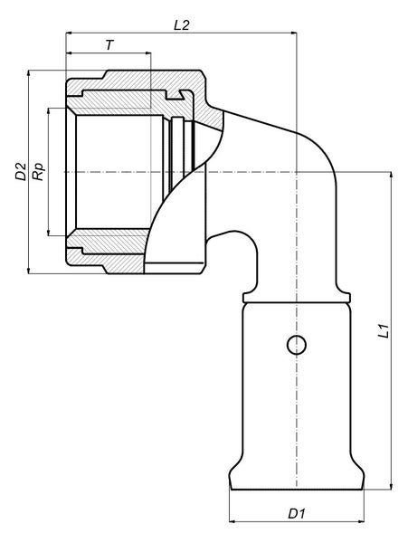 Technische Zeichnung eines 90-Grad-Rohrwinkels mit Maßangaben für Durchmesser und Längen.
