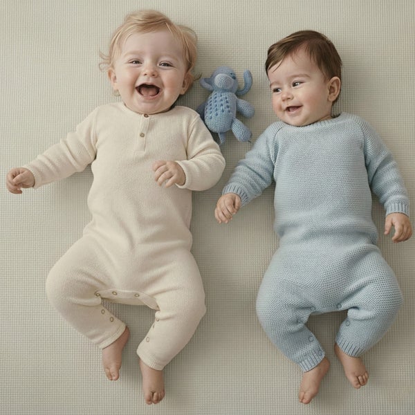 Zwei Babys liegen in gestrickten Einteilern auf einer strukturierten Bodenmatte neben einem gestrickten Elefanten-Spielzeug.