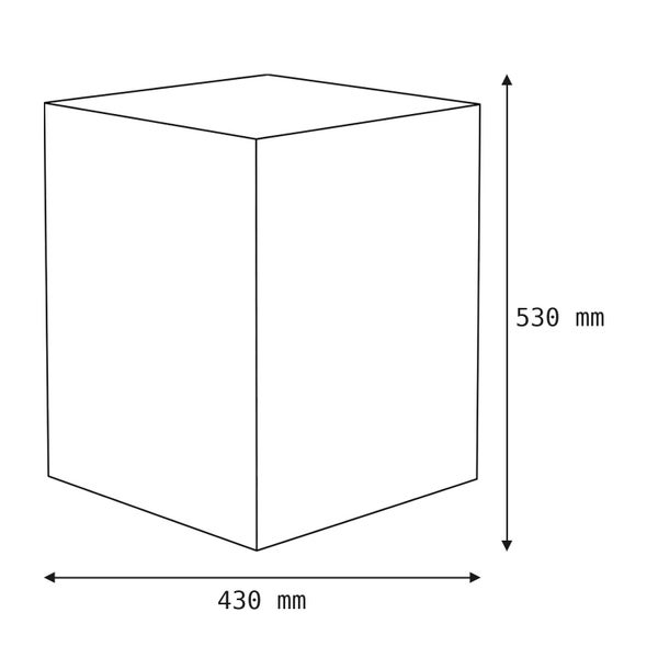 Strichzeichnung eines quaderförmigen Objekts mit Bemaßung von 430 Millimeter Breite und 530 Millimeter Höhe.