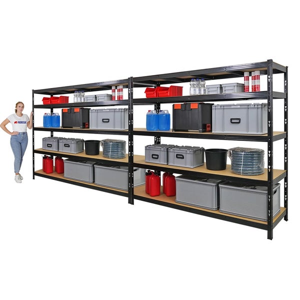 PROREGAL Mega Deal 2x Profi Schwerlastregal GOLIATH mit 5 Ebenen HxBxT 180x200x60cm Fachlast 350kg Schwarz, Steckregal Garagenregal Lagerregal