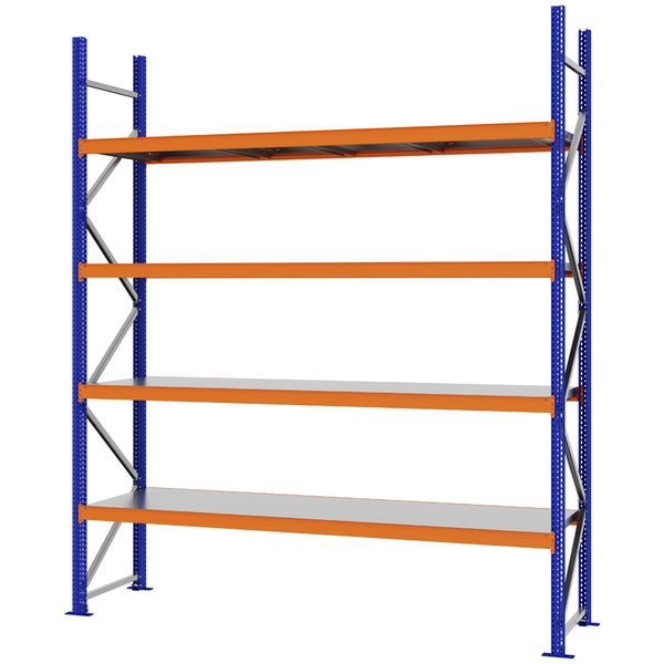 Schwerlastregal aus Metall mit vier Ebenen, blauem Rahmen und orangefarbenen Traversen.