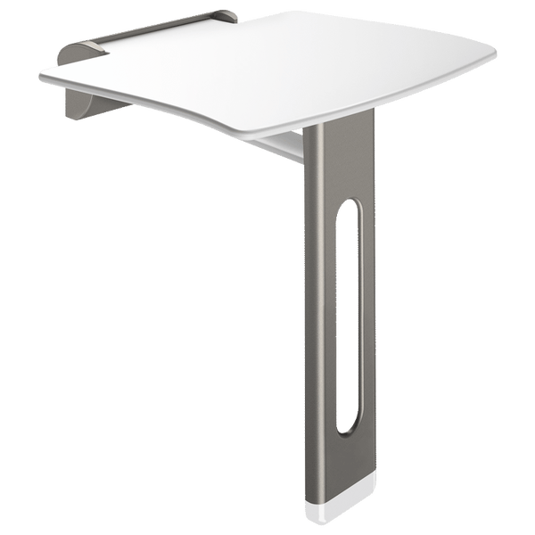 Wandmontierter Duschsitz mit weißer Sitzfläche und grauem Stützfuß für barrierefreie Badezimmer.