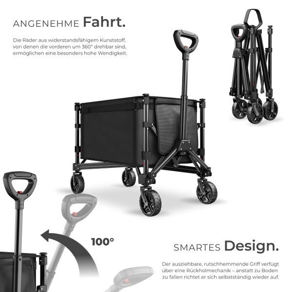 Schwarzer Bollerwagen mit ausziehbarem Griff und Kunststoffrädern in verschiedenen Ansichten