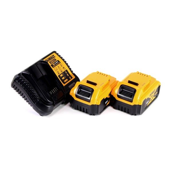 DeWalt Akku-Starterset bestehend aus einem Ladegerät und zwei 18-Volt-Akkus.