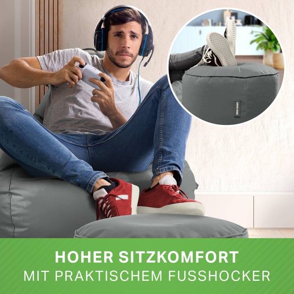 Green Bean 2er Set Sitzsack + Hocker - fertig befüllt - robust waschbar schmutzabweisend - Kinder & Erwachsene Bean Bag Bodenkissen Lounge Sitzhocker Relax-Sessel Gamer Gamingstuhl Pouf - Grau