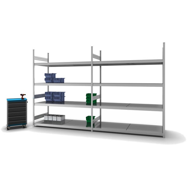 PROREGAL Weitspannregal Stecksystem T-Profil Grundregal HxBxT 250x200x80 cm 4 Ebenen Stahlplatten Fachboden Fachlast 350 kg Verzinkt