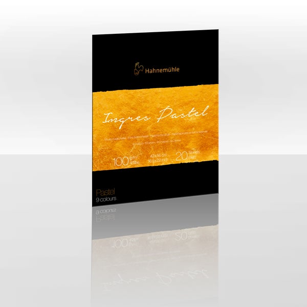 Hahnemühle Logo. Ingres Pastel Block, Echt-Bütten Pastellpapier, 100 Gramm pro Quadratmeter, 42 mal 56 Zentimeter, 20 Blatt, 9 Farben.