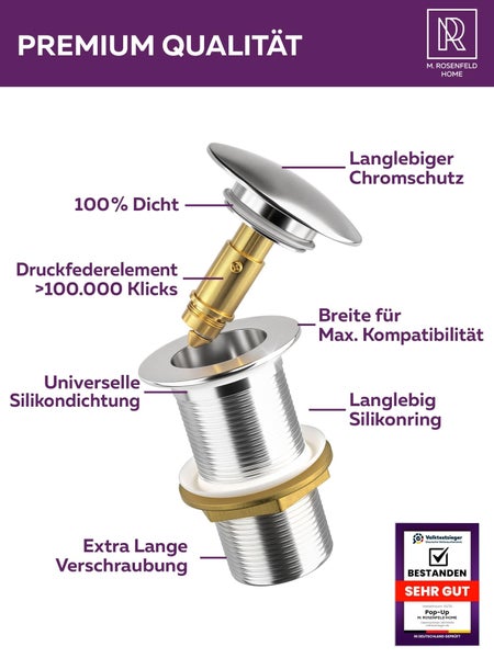 Aufschnitt-Ventil für Waschbecken mit Chromschutz, Silikondichtung und langer Verschraubung