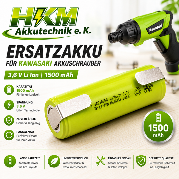 Ersatzakku für Kawasaki Akkuschrauber, 3,6 Volt, 1500 Milliamperestunden Lithium Ionen Akku, geeignet für den Austausch im Werkzeug.