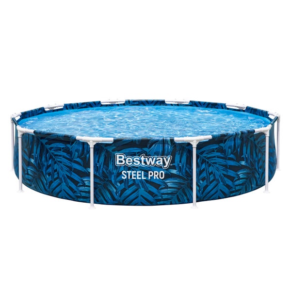 Runder Bestway Steel Pro Rahmenpool mit tropischem Blattmuster und weißem Stahlrahmen.