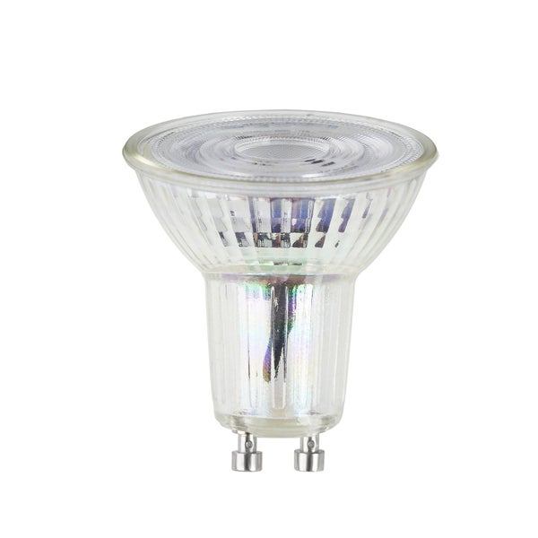 LED-Reflektorlampe mit GU10-Sockel aus Glas, klares Gehäuse mit sichtbarem Reflektor.