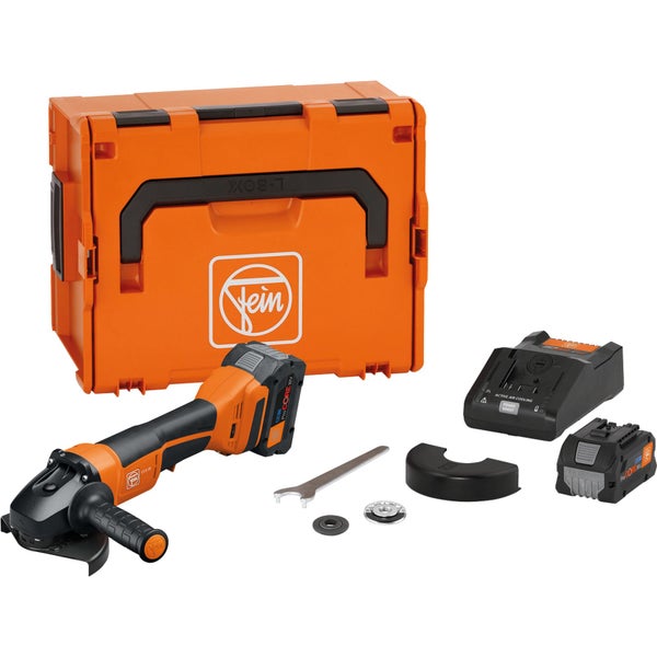 Fein Akku-Winkelschleifer Set mit zwei 18 Volt Akkus, Ladegerät, Schutzhaube, Schlüssel und Transportkoffer L-Boxx.