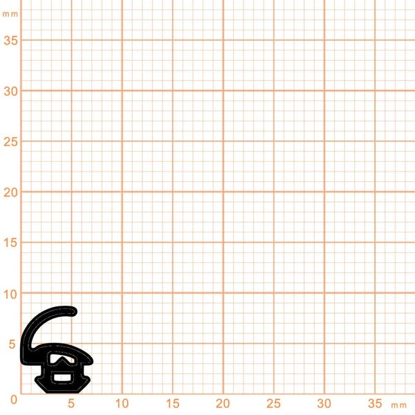 Schwarzes Dichtungsprofil auf Millimeterpapier, Höhe circa 9 Millimeter, Breite circa 8 Millimeter.