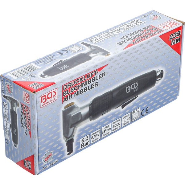 Verpackung eines BGS Druckluft Blechnibblers mit technischen Details wie 6,2 Bar, 6,35 Millimeter Anschluss, 235 Millimeter Länge, 3000 Hübe pro Minute und 1,0 Kilogramm Gewicht
