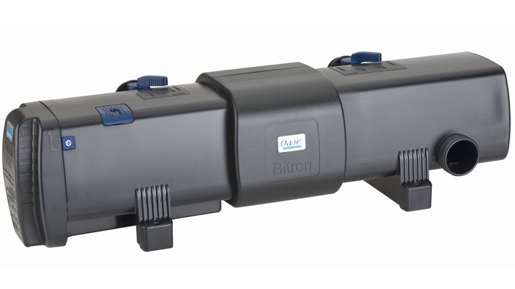 Oase Bitron Ultraviolett-C-Vorklärgerät für Teiche aus schwarzem Kunststoff mit Oase Logo.