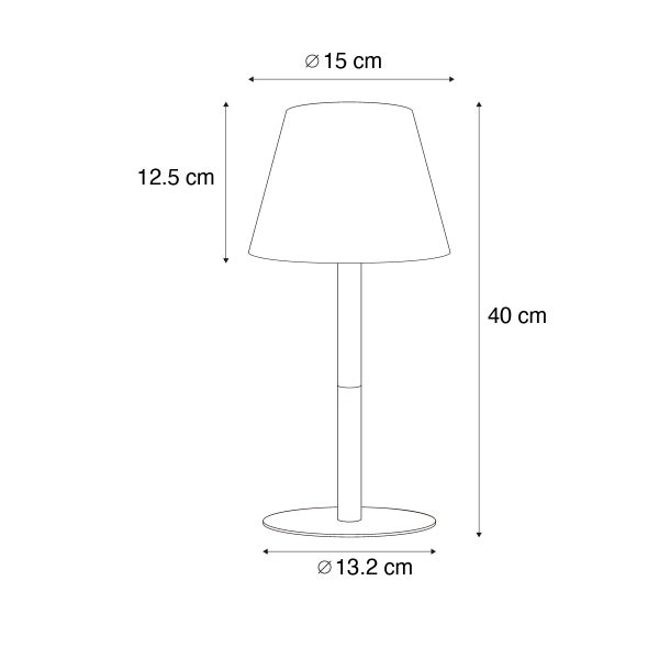 Maßskizze Tischlampe: Höhe 40 Zentimeter, Schirmhöhe 12,5 Zentimeter, Schirmdurchmesser 15 Zentimeter, Fußdurchmesser 13,2 Zentimeter.