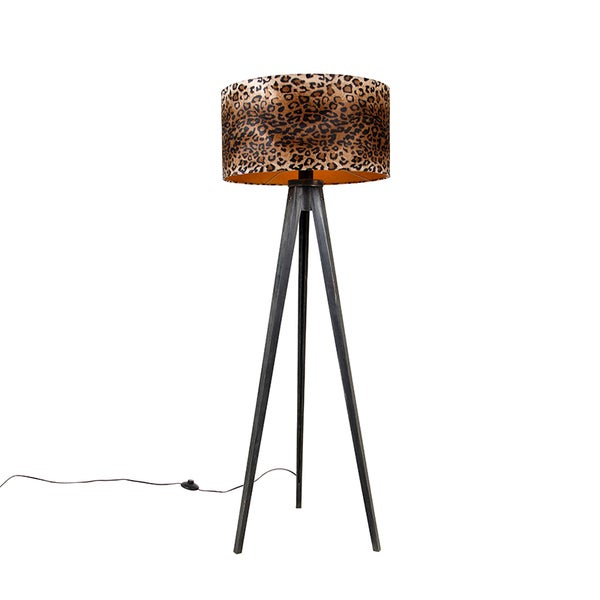 QAZQA - Klassisch I Antik Stehleuchte I Stehlampe I Standleuchte I Lampe I Leuchte Stativ schwarz mit Schirm Leopard 50 cm - Tripod I Dreifuß Lampe I Dreifuss Classic I Wohnzimmer I Schlafzimmer - Hol