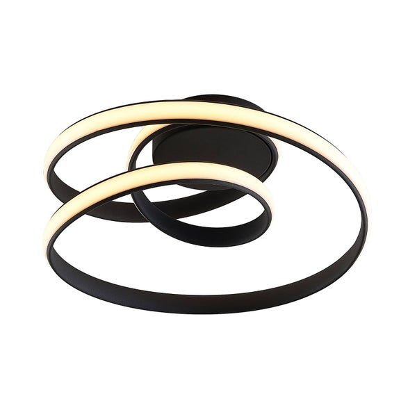 Moderne LED-Deckenleuchte in schwarzer Spiralform mit warmweißem Licht.