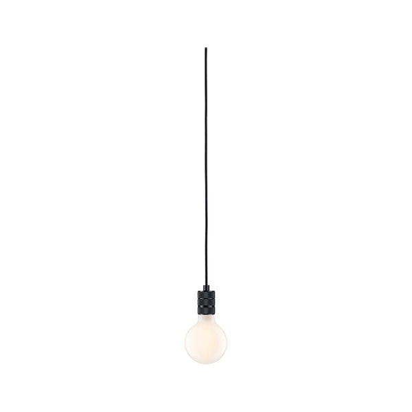 Moderne Pendelleuchte mit E27 Fassung und einer runden LED Glühbirne an einem Kabel.