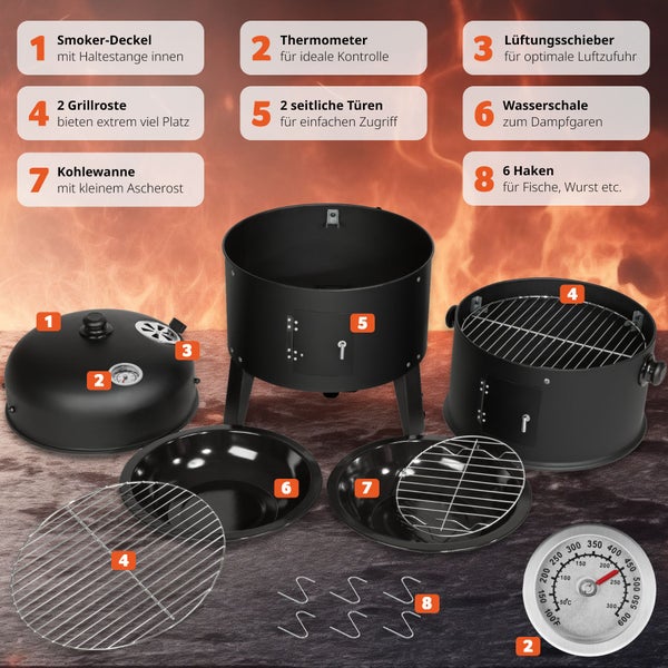 Smoker tectake  Ø 41 cm 3 in 1, zum Grillen, Räuchern, Garen schwarz