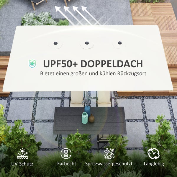 Outsunny Doppelsonnenschirm mit Kurbel 451 x 264 cm, UV Schutz 50+ Sonnenschirm, windfest Gartenschirm Balkonschirm Aluminium Marktschirm Sonnenschutz für Balkon Terrasse Garten Cremeweiß
