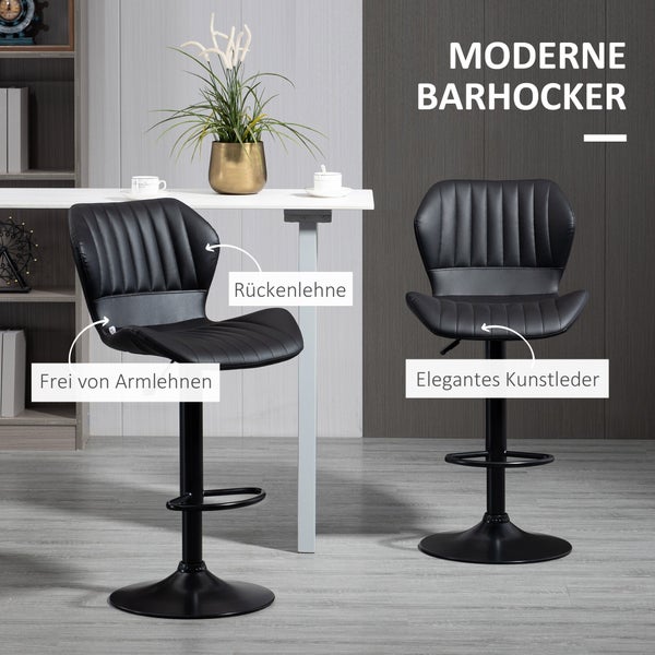 HOMCOM 2er-Set Barhocker 360° drehbare Barstühle höhenverstellbar Bistrohocker mit Rückenlehne Drehstühle für Bartheke Küche und Esszimmer modernes Design Kunstleder Schwarz 48,5 x 55,5 x 90-110 cm