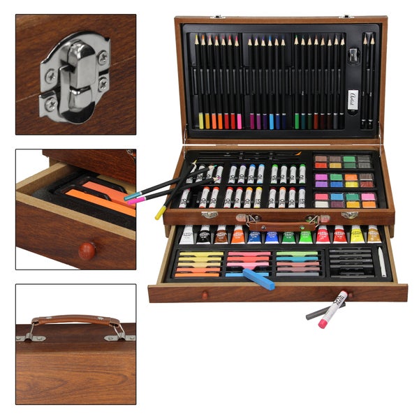 ECD Germany Malset 112 teilig mit Staffelei klappbar, Malkoffer Künstler Set Acryl & Zeichenset, Buntstifte, Leinwand, Pinselset, Wasserfarben, Pastellkreide, Großes Kreativ Set für alle Altersklassen
