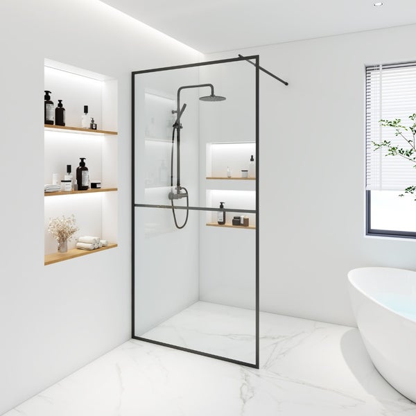 Home Deluxe - Duschabtrennung - BAKI - Breite: 150 cm, Schwarzer Rahmen, Klarglas, 2 Raster Optik - 10 mm ESG - Sicherheitsglas I Walk in Dusche, Duschwand, Duschtür