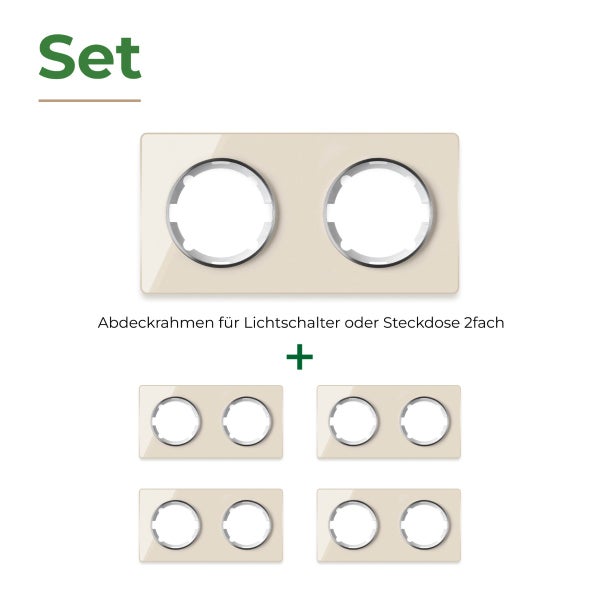 Set mit einem zweifachen Abdeckrahmen und vier weiteren zweifachen Abdeckrahmen für Lichtschalter oder Steckdosen