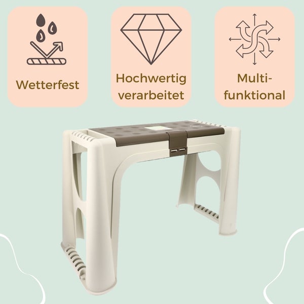 Klapptritt mit den Symbolen: wetterfest, hochwertig verarbeitet und multifunktional