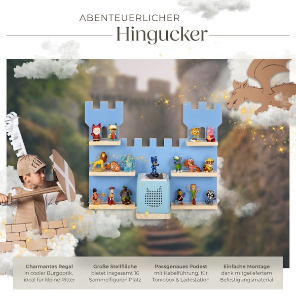 Wandregal tectake MyLittleStory Fortress 56 x 15,5 x 43 cm, unsichtbare Aufhängung  für bis zu 16 Tonies blau