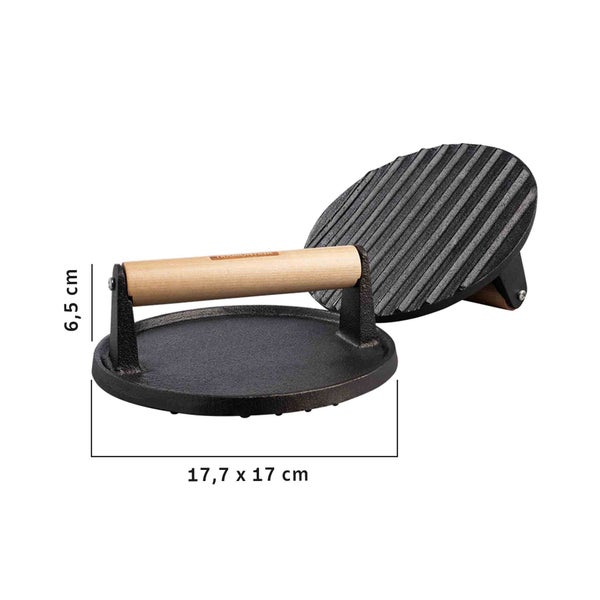 Burgerpresse aus Gusseisen mit Holzgriff, circa 17,7 x 17 Zentimeter
