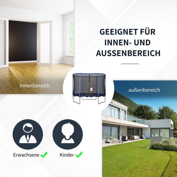 HOMCOM Trampolin mit Sicherheitsnetz Gartentrampolin für Innen- und Außenbereich Fitnesstrampolin für Kinder und Erwachsene Stahl Blau+Schwarz bis 113,6 kg Ø305 x 248H cm
