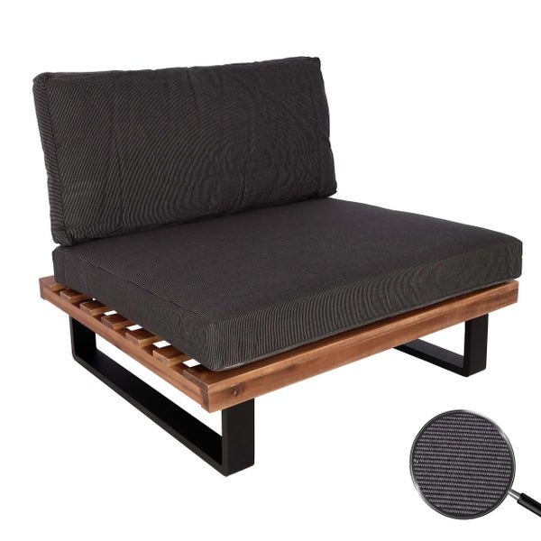 Lounge-Mittelmodul mit Holzgestell, schwarzen Metallbeinen und grauen Polsterauflagen mit feiner Webstruktur.