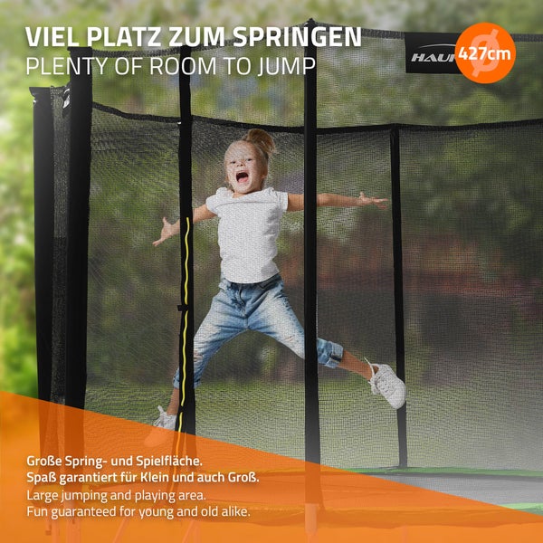 Hauki Trampolin Outdoor, Ø427 cm, Grün, GS geprüft, Rundes Gartentrampolin für Kinder bis 150 kg, Komplettset mit Sicherheitsnetz, Leiter, Randabdeckung, Gepolsterte Stangen, Stabile Kindertrampolin