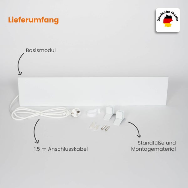 Lieferumfang Infrarotheizung: Basismodul, 1,5 Meter Anschlusskabel, Standfüße und Montagematerial. Siegel Deutsche Marke.