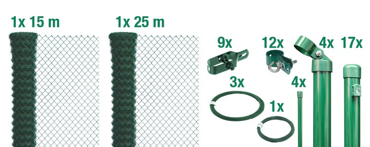 Maschendrahtzaun Komplettset mit zwei Zaunrollen, Pfosten, Spanndraht und Befestigungsmaterial für die Zaunmontage