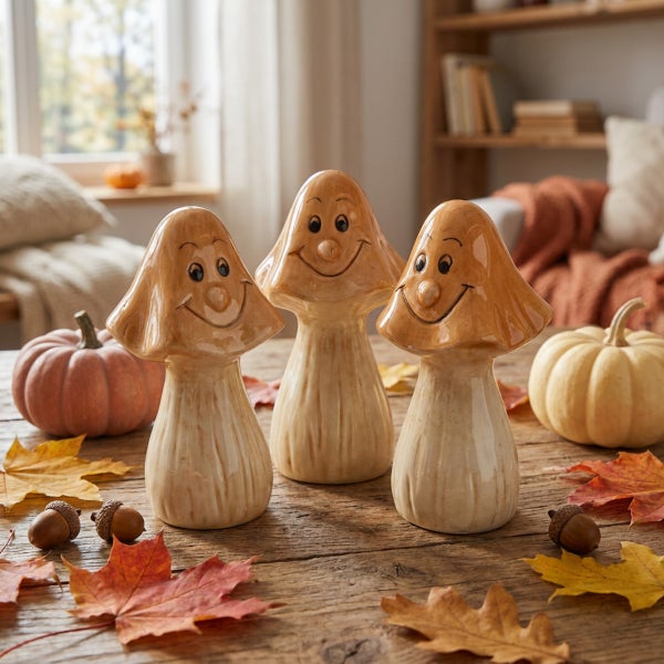 Drei dekorative Pilzfiguren aus Keramik mit lächelnden Gesichtern als herbstliche Tischdekoration auf einem Holztisch mit Laub und Kürbissen.