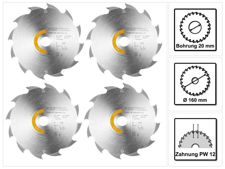 Festool 4x Kreissägeblatt Wood Rip Cut HW 160 x 1,8 x 20 mm PW12 ( 4x 205550 ) für Tauchsägen TS 55 F, TSC 55 K & Handkreissägen HK 55, HKC 55