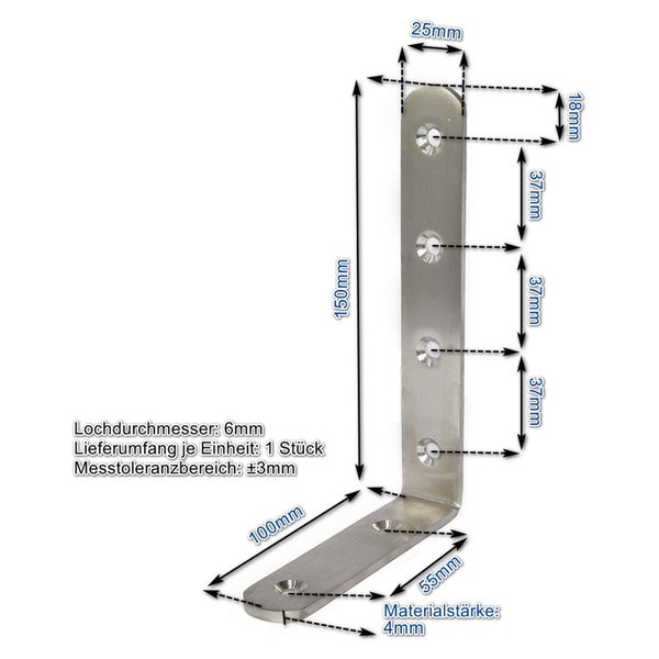 Winkelverbinder aus Metall mit Maßangaben, 150 mal 100 Millimeter, 6 Millimeter Lochdurchmesser, zur stabilen Eckverbindung.