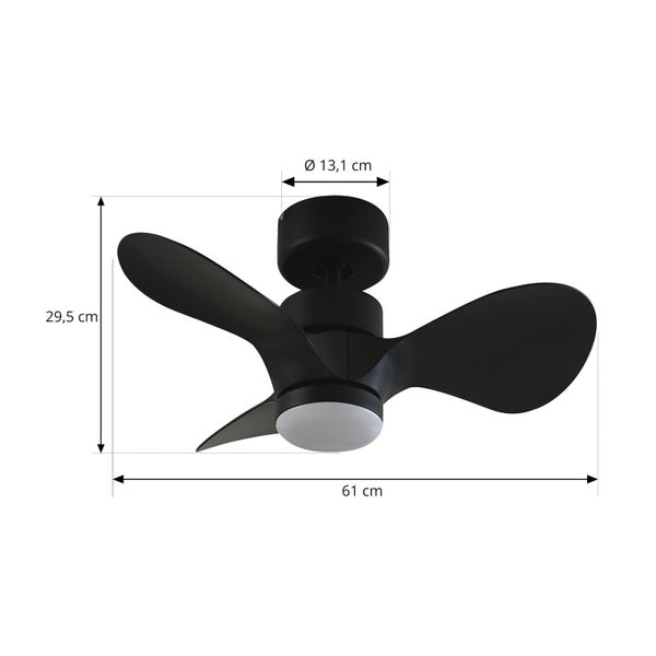 Schwarzer Deckenventilator mit Licht. Breite 61 Zentimeter, Höhe 29,5 Zentimeter, Durchmesser Baldachin 13,1 Zentimeter.