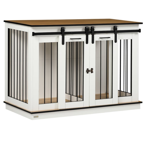 PawHut Hundekäfig, Hundehütte mit Zweiraum-Option, Haustierkäfig mit Doppeltüren, Hundebox, Hundehaus für Mittelegroße Hunde, 120 x 60 x 88,5 cm, Weiß