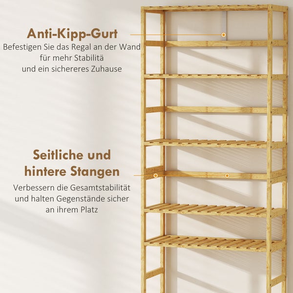 Bambusregal mit 6 Ebenen, Anti-Kipp-Gurt zur Wandmontage und stabilisierenden Stangen an den Seiten und der Rückseite für mehr Stabilität.