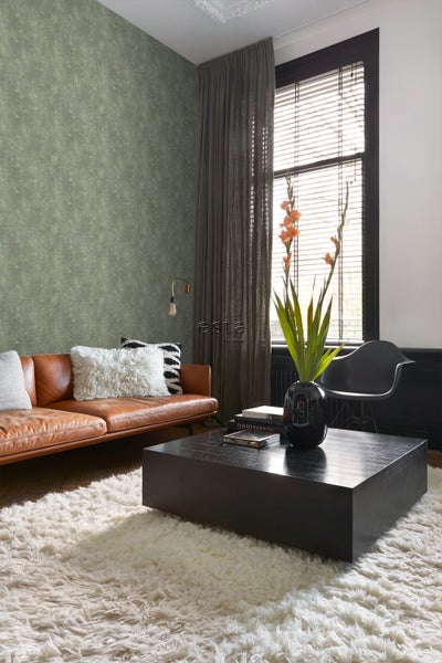 Wohnzimmer mit Sofa, Couchtisch, Teppich und grüner Tapete