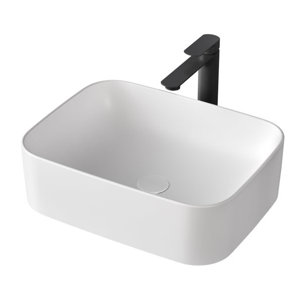 EMKE Aufsatzwaschbecken Keramik 505x380 mm, Mattweiß, Eckig, Pflegeleicht, Design Waschtisch, Handwaschbecken für Bad & Gäste-WC, Höhe 150 mm