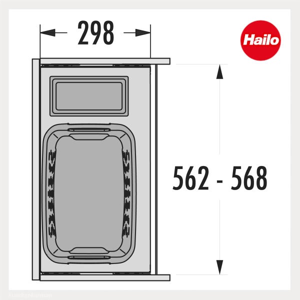 Maßzeichnung für einen Hailo Abfallsammler mit den Maßen 298 sowie 562 bis 568. Hailo Logo.