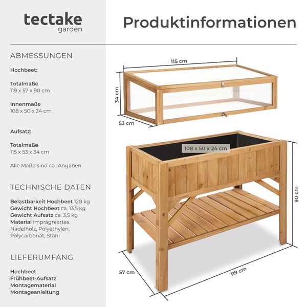 Abmessungen des Hochbeets mit Frühbeetaufsatz von tectake garden.