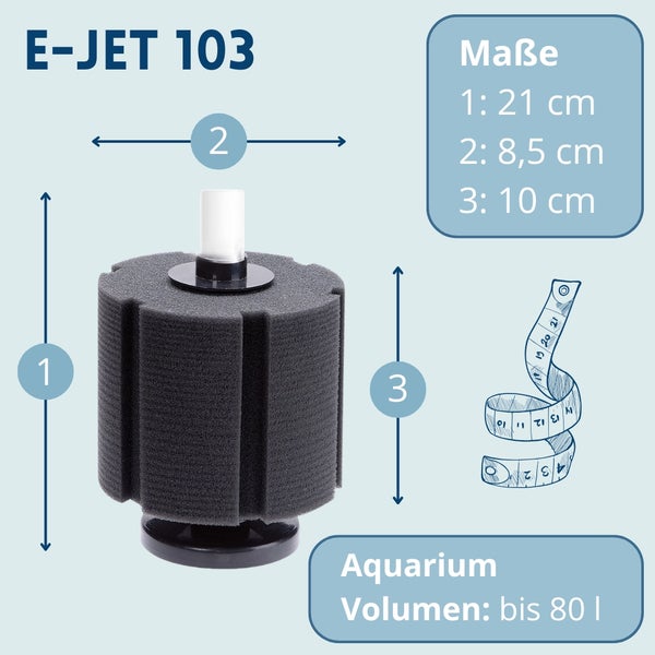 E-Jet 103 Innenfilter für Aquarien bis 80 Liter, mit Abmessungen von 21 cm Höhe, 8,5 cm Breite und 10 cm Tiefe