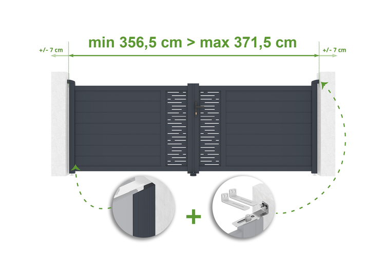 Aluminium Gartentor mit Abmessungen zwischen 356,5 cm und 371,5 cm