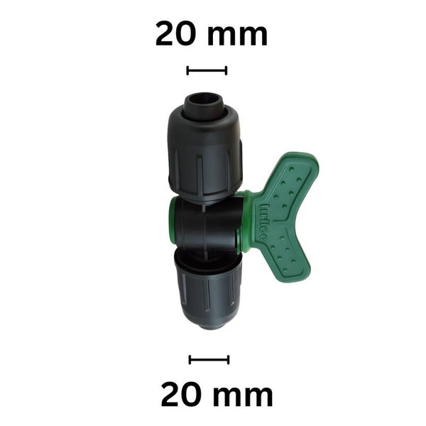 Irritec Absperrventil mit Klemmverbindungen von 20 Millimeter auf beiden Seiten.